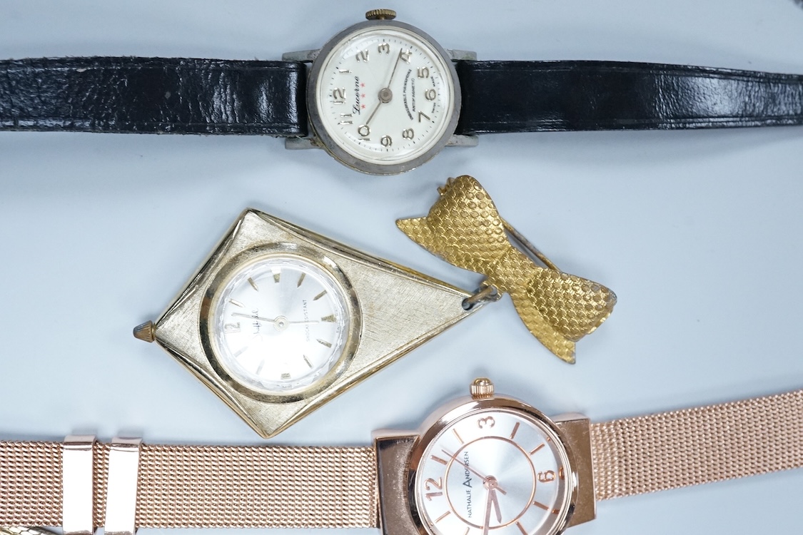 A brass cased S. Smith & Son open faced pocket watch with Roman dial, one other pocket, a quantity of assorted lady's wrist watches including Avia, Ingersoll and Timex, together with a gentleman's steel Zeitner Aqua Spor